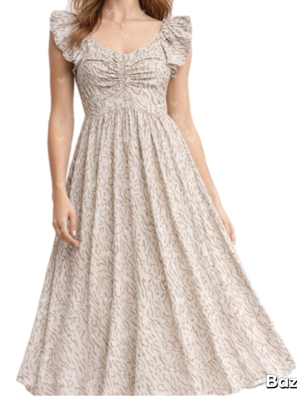 Sz XL Beige Smocked Midi Flutter Sundress Empire Waist Boho Madison Jules NWT